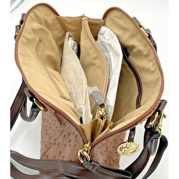 Giani Bernini Classy Ostrich-Embossed Dome Satchel Brown Handbag Purse New - Picture 5 of 9